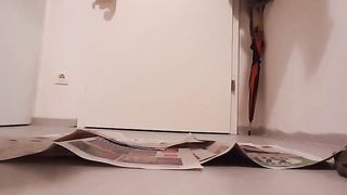 Kinky girl pooping heavily on the newspaper