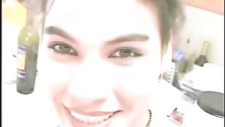 Curvy brunette girl pooping in closeup