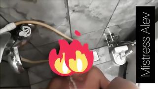 Pissing then Poop for hairy slave