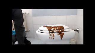 Brunette shitting on the cover of toilet cover