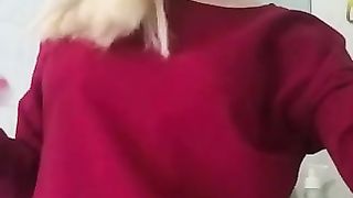 Blonde babe with perky tits teasing and pooping