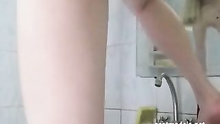Blonde babe with perky tits teasing and pooping