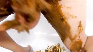 Girl shitting and masturbating with shitty dildo in solo