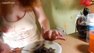 Redhead milf eating her shit