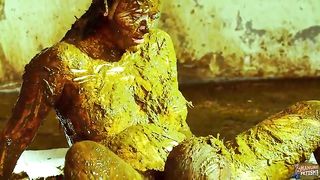 Horny couple fucking hard while covered in the cow dung