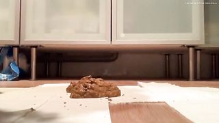 Naughty shaved pussy girl pooping on the floor