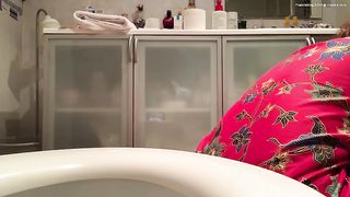 Naughty shaved pussy girl pooping on the floor