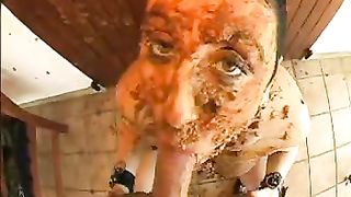 Dirty busty gives poopy blowjob