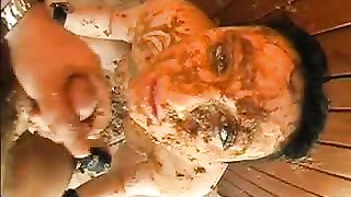 Dirty busty gives poopy blowjob