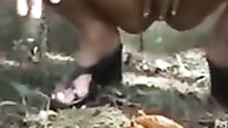 Naked Brazilian slut poops in the forest