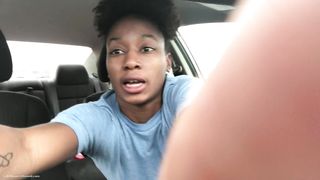 Cute ebony teen driver pooping in the car