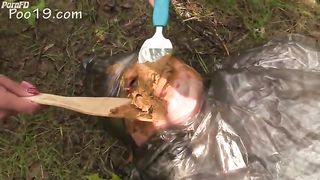 Sexy hot ladies pooping for slave in the forest