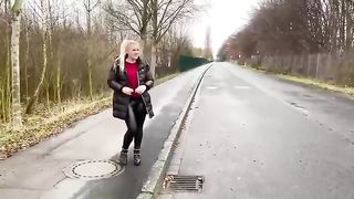 Naughty blonde slut pooping on the road