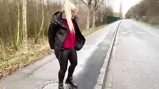 Naughty blonde slut pooping on the road