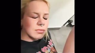 Blonde office lady takes messy load on her face