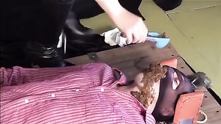 Thick slut pisses on a box she is sitting on