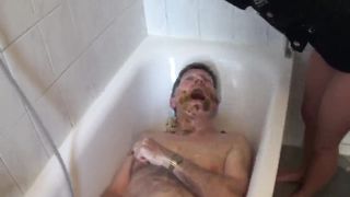 Mistress feeds mature slave