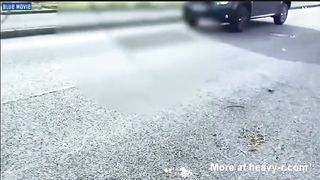 Blonde chick pooping in the middle of the road