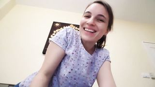 Brunette babe with pink pussy pooping