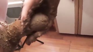 Tattooed slut gives sexy shit covered handjob