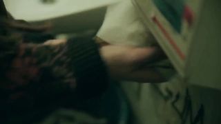 Brunette amateur lady poops in the public toilet