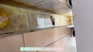 The girl defecated messy poop in toilet