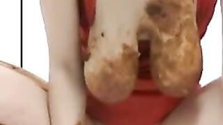 Girl squats and takes a huge shit into a cup