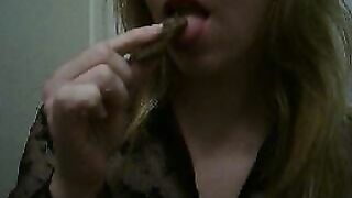 Blonde lovely milf eating shit