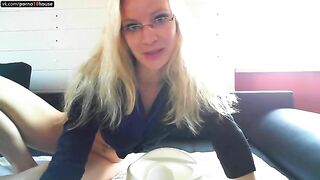 Gorgeous blonde milf pooping on the plate