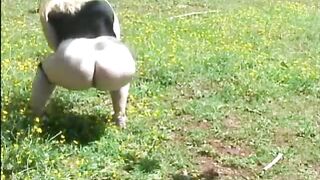 Poop in the grass while the dog is watching