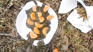 Fluffy pooping on the oranges