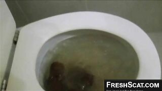 Chick dropping load in toilet closeup