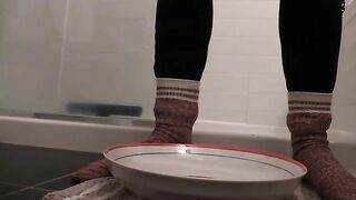 Slut eats her shit from a bowl while her friend watches