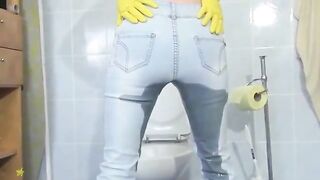 Maid in gloves piss and poop in the jeans