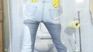 Maid in gloves piss and poop in the jeans