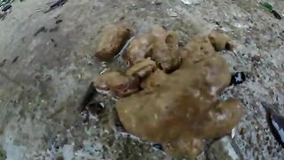 Red-haired girl pooping outdoor