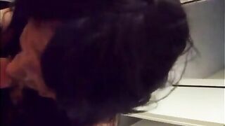 Horny milf with sexy boobs licking shitty dildo