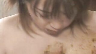 Dirty cock between her tits and lips