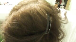 Nerdy mature lady in glasses pooping