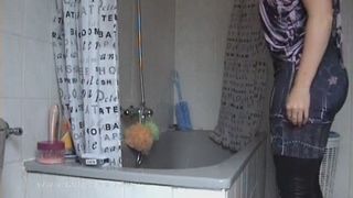 Hot Blonde poops in the shower room and plays with her shit