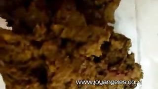 Brunette with menstrual period struggles in taking shit