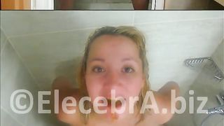 Blonde girl takes shower and eats her shit