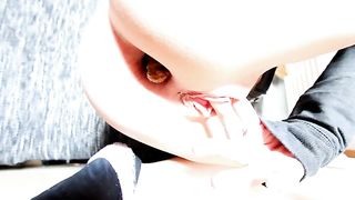 Girl tickles her clit while dumping a monster shit