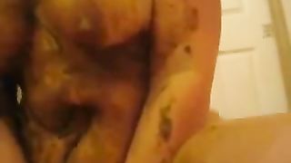 Girl on top during sex play smears shit