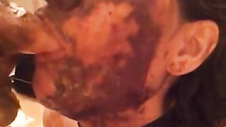 Mature slave slut smeared in shit gets her mouth fingered