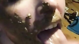 Dirty girl sucking and licking messy cock