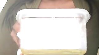 Dirty horny ebony girl pooping in a lunch box