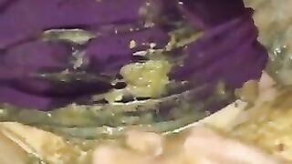 Dirty lady smearing shit on her pussy