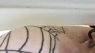 Fetishista with fishnet stockings squatting and shitting in her ass crack