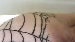 Fetishista with fishnet stockings squatting and shitting in her ass crack